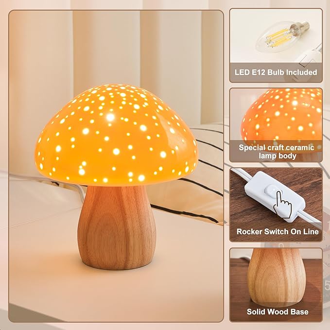 BOHON Mushroom Lamp Ceramic Bedside Table Lamp for Bedroom Orange