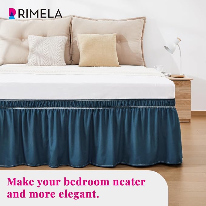 Dusty Navy Bed Skirt Queen Size 18" Drop, Elastic Wrap Around Bedskirt | Solid Ruffled, Easy to Use, No Mattress Lifting, Wrinkle & Fade Resistant, with Adhesive Strips, Machine Wash/Dry/Iron