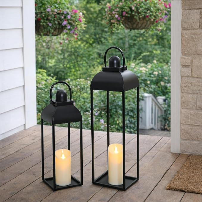 25'' 19'' Lanterns Decorative Outdoor Indoor, Black Metal Outdoor Lanterns | Set of 2 No Glass Modern Farmhouse Decorative Lantern with Candle and Remote Control for Fireplace, Patio, Porch, Floor