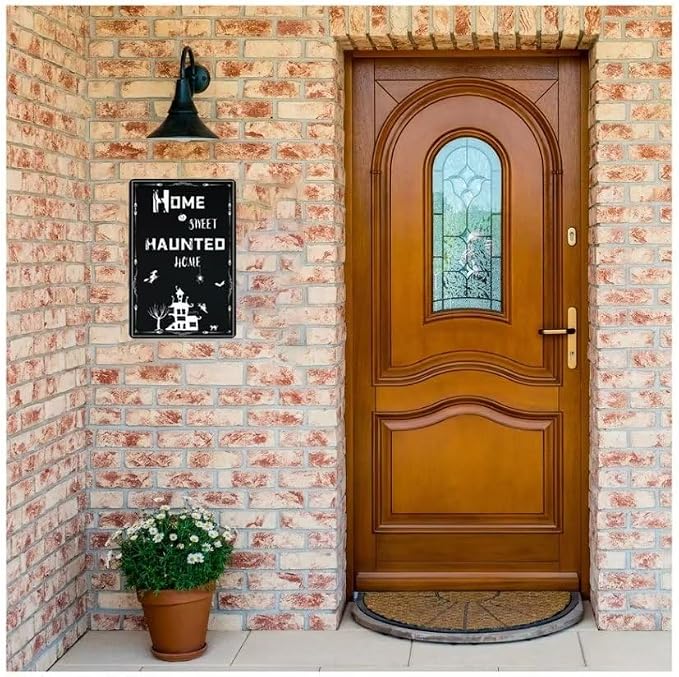 Home Sweet Haunted Home - Happy Halloween Decoration Art Sign - Funny Tin Sign Plaque - Halloween Themed Hanging Sign for Front Door Theme Party Gift - 8x12 inches Tin sign
