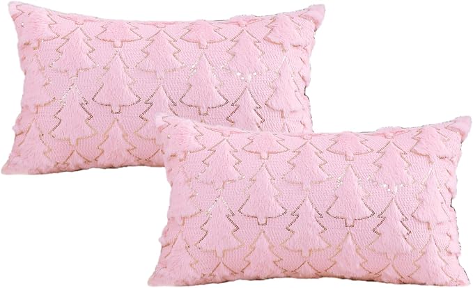 VAKADO 12x20 Set of 2 Christmas Throw Pillow Covers Embroidered Decorative Xmas Cushion Cases Holiday Soft Home Decor for Bedroom Sofa Chair Porch Winter, Pink