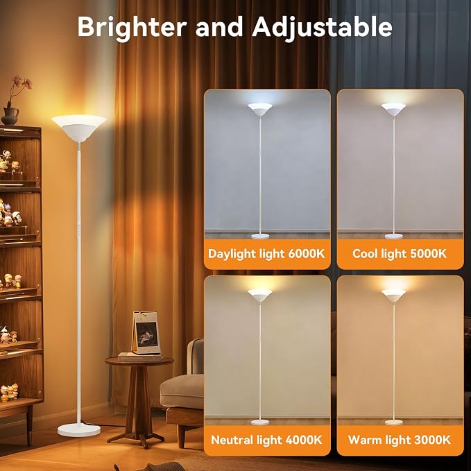 SIBRILLE Torchiere Floor Lamp, 30W Dimmable LED Standing Lamp with Remote/Button Control, 1800Lm, 3000-6500K, 72in Bright Standing Pole Light for Living Room Bedroom Office Corner, White