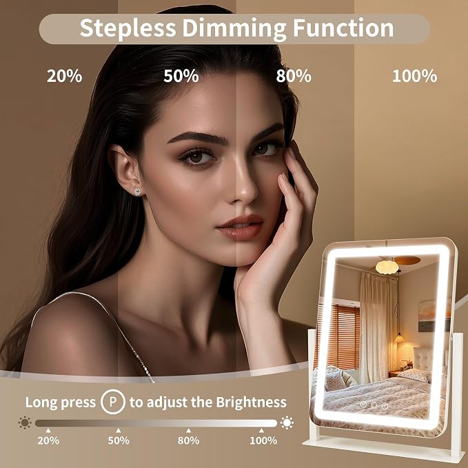 ROLOVE Vanity Mirror with Lights 14.6x13 Inch, Smart Touch Control, 3 Color Lighting Modes, Table Top Mirror with Stand for Bedroom