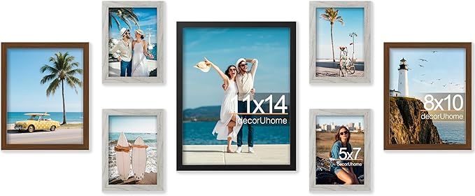 decorUhome 7 Pack Assorted Picture Frame Set for Wall & Tabletop, P0707MT | Black / Brown / Grey, Multi Size Picture Frame Includes One 11x14 / Two 8x10 / Four 5x7 for Family Gallery Wall