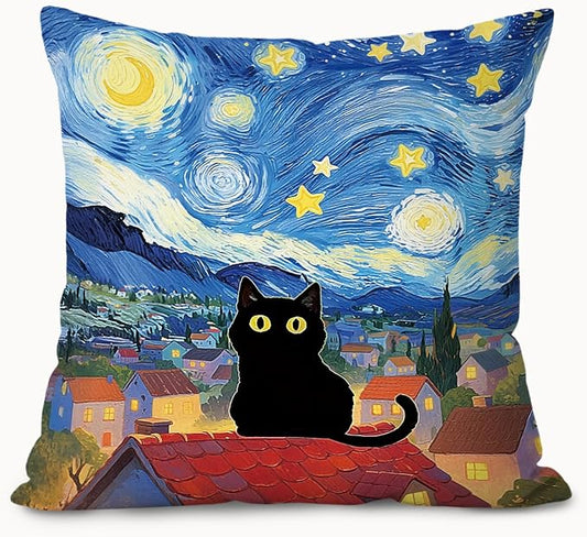 Funny Black Cat Pillow Covers 18x18, Black Cat Gifts for Women, Rustic Whimsical Starry Night Kitten Decorative Throw Pillow Covers Pillowcases for Home Bedroom Living Room Decor
