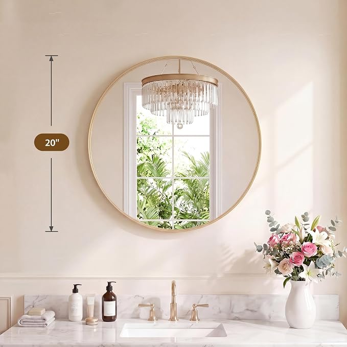 Bathroom Round Mirror for Over Sink, 20 Inch Wall Circle Mirror with Matte Metal Frame, Modern Wall Mount Vanity Mirrors for Home Decor, Living Room, Bedroom, Gold