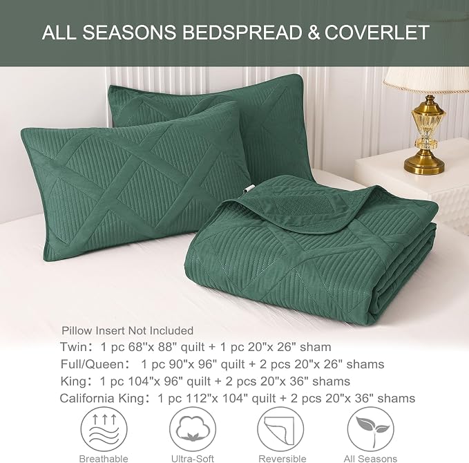 Exclusivo Mezcla Quilt King Size, Green | Soft Bedspreads with 2 Pillow Shams, Modern Striped Pattern, Lightweight Bedding Set Coverlets for All Seasons, 104x96 Inch
