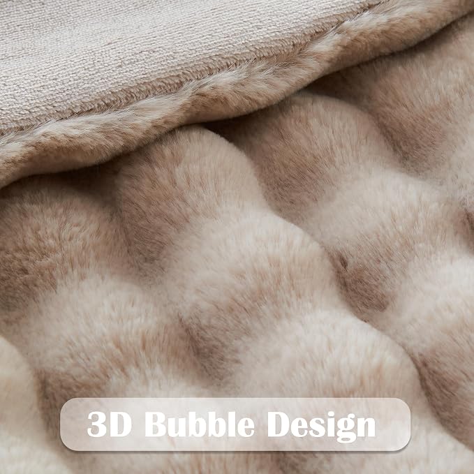 NEWCOSPLAY Faux Fur Fluffy Bubble Twin Blanket for Couch, Linen, 60"x80" | Soft Thick Warm Bubble Blanket for Couch Sofa Bed 550GSM, Plush Cozy Luxury Decorative Throw, Gift for Women Men