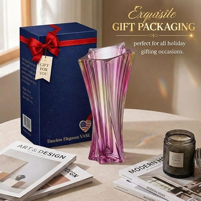 Crystal Glass Vase – Heavy Crystal Vase for Flowers with Weighted Bottom, Thick Durable Decorative Vases for Modern Home Decor, 9.8″ 3.5lb Clear Centerpiece (Gradient Pink)