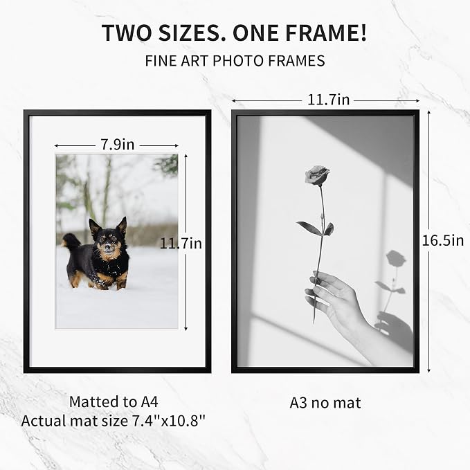 Fun Memories A4 Metal Picture Frame - 8.3 x 11.7 Aluminum Photo Frames with A5 Removable Mat- Ideal for Wall or Tabletop Display - Wall Hook Hanging Hardware Included (Black, 1 Pack)