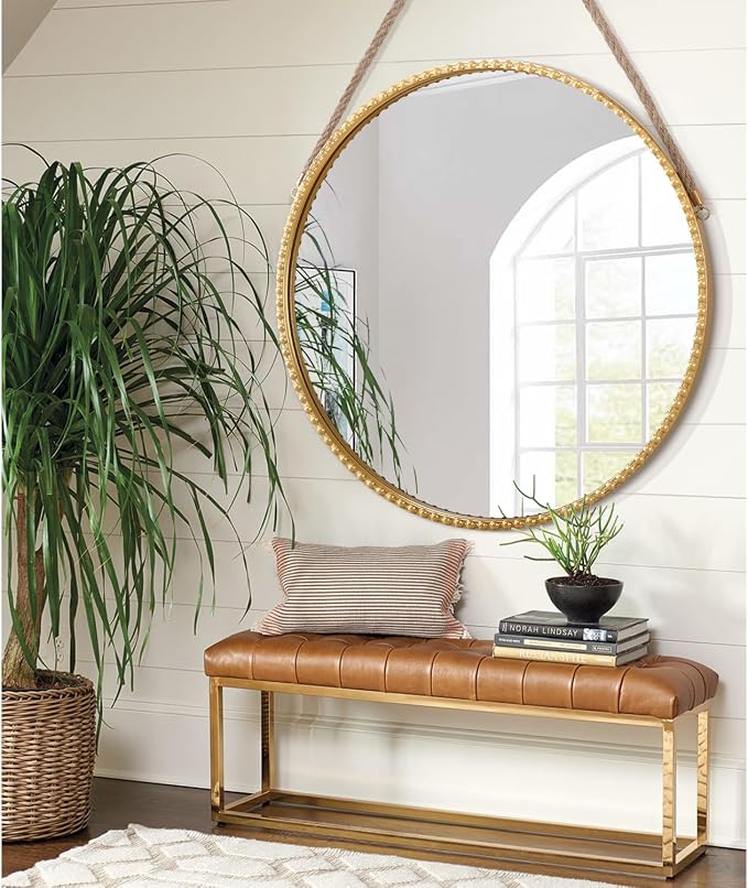 Circle Hanging Mirror Metal Framed Modern Wall Decorative Round Mirrors with Beaded for Bathroom Living Room Office Gold 28"