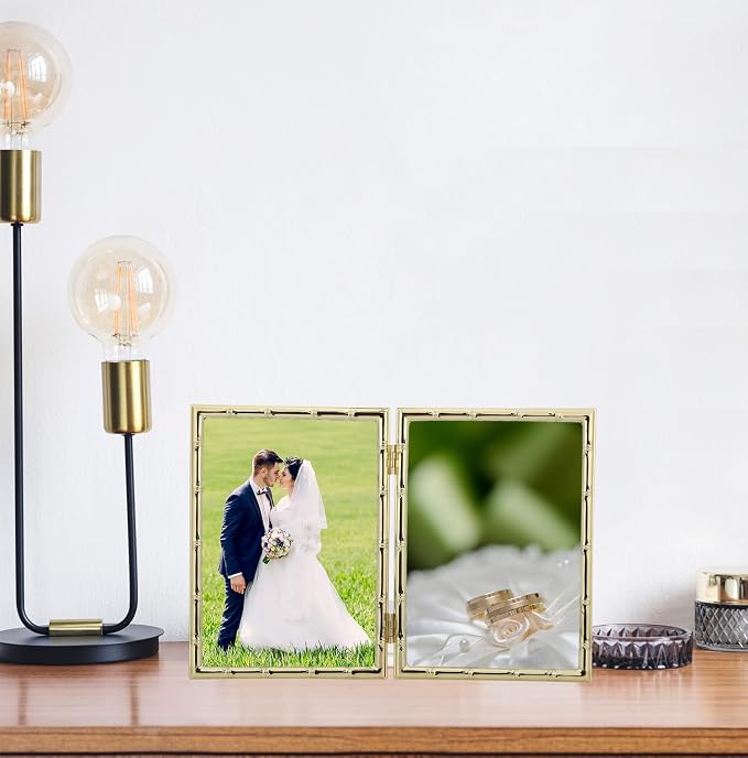 YiPinYin 4x6'' Bamboo Detail Double Photo Frames, Gold Metal Picture 6x4'' Double, Elegant Gold Thin Edge Photo Frames 4 x 6'' With Soft Touch Velvet Backing and Real Glass for Desktop