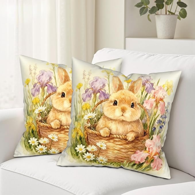 Easter Bunny Throw Pillow Covers Spring Watercolor Rabbit Floral Pillow Covers 22x22 Set of 2 Happy Easter Farmhouse Pillow Cases Spring Holiday Cushion Cases for Home Couch