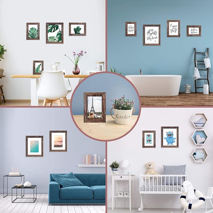Q.Hou 5x7 Picture Frame Wood Pattern Rustic Brown Photo Frames Packs 4 with High Definition Plexiglass for Tabletop or Wall Decor (QH-PF5X7-BR)