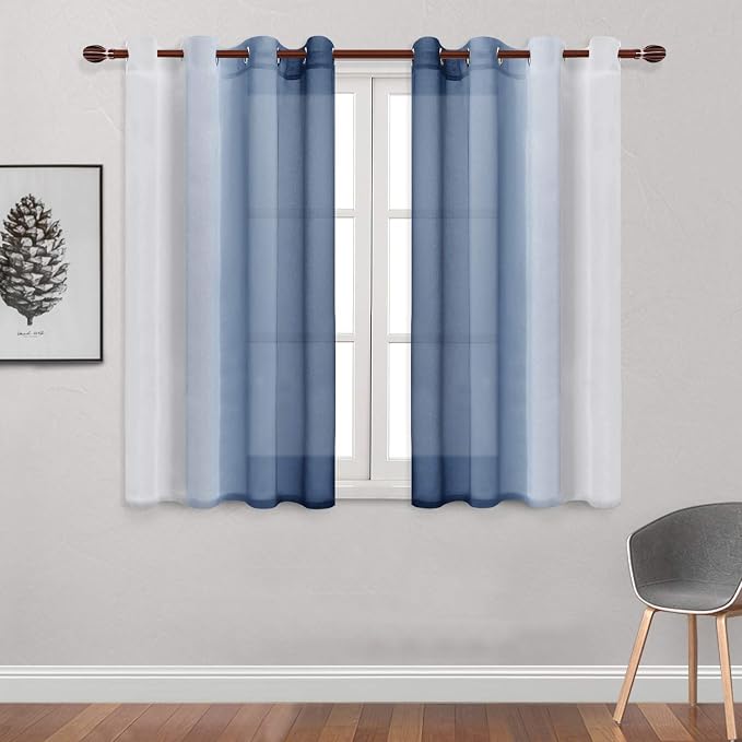DWCN Ombre Sheer Curtains - Faux Linen Semi Voile Grommet Top Gradient Curtains for Bedroom and Living Room, Set of 2 Window Curtain Panels, 52 x 54 Inch Length, Denim Blue