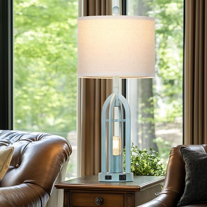 Cinyirong 27" Industrial Farmhouse Table Lamp,Vintage Rustic Blue Beside Lamp with USB A+C Charging Ports & AC Outlet, Metal Nightstand Lamp with LED Night Light for Bedrooms (2 LED Bulbs Included)