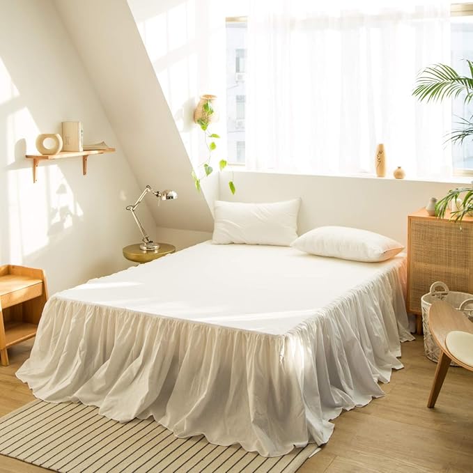 BISELINA French Linen Bed Skirt with Pleated Frills 22-Inch Tailored Drop Natural Flax Cotton Blend Dust Ruffle Soft Cozy Farmhouse Bedding (22" King, White)