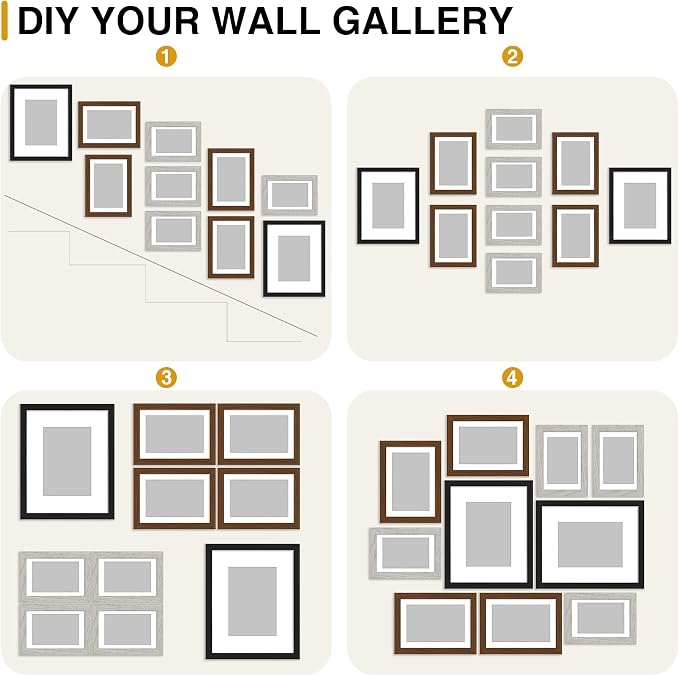decorUhome 10 Pack Assorted Picture Frame Set for Wall & Tabletop, P0710MT | Black / Brown / Grey, Multi Size Picture Frame Includes Two 8x10 / Four 5x7 / Four 4x6 for Family Gallery Wall