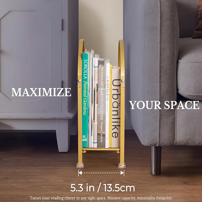 PUERSI Freestanding Magazine Holder, Metal Magazine Rack Floor Stand | Modern Touch Handbag Design, for Magazine, Newspaper, Books, Vinyl Record (Gold)