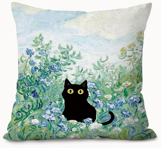 Black Cat Floral Pillow Covers 18x18, Cat Mom Gifts for Women, Cottagecore Botanical Flower Kitten Decorative Throw Pillow Covers Pillowcases for Home Bedroom Living Room Decor
