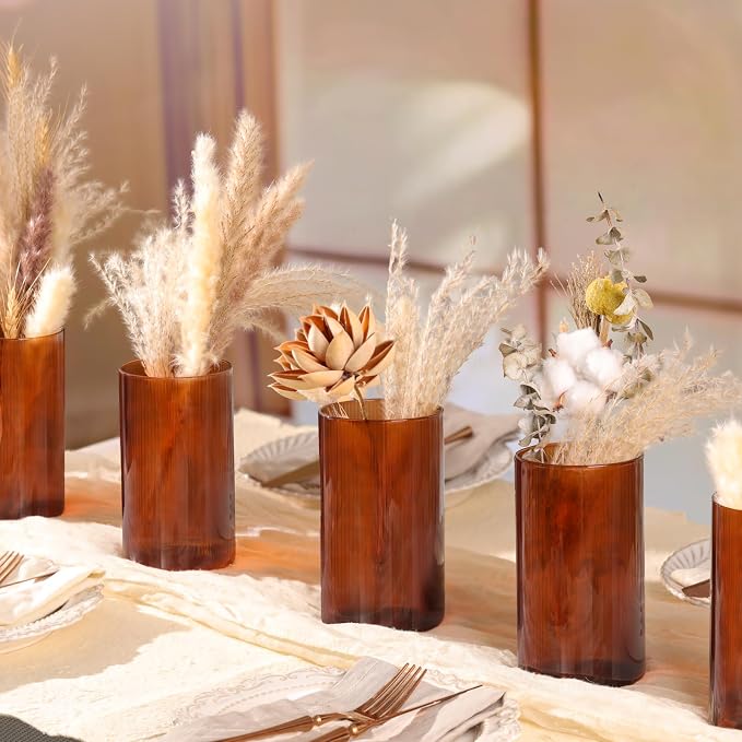 Amber Glass Cylinder Vases for Centerpieces - 6 Inch Tall Flower Vases for Wedding & Fall Decor, Floating Candle Holders for Table Centerpieces, Set of 6 Pcs