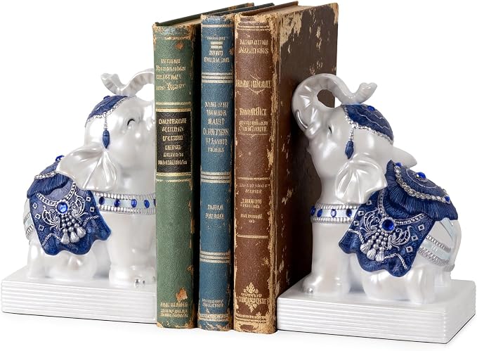 Elephant Bookends for Shelves, Decorative Bookends, Book Holders with Anti-Slip Pad for Book Lovers Heavy Book Stopper for Home Office Decor (Blue&White)