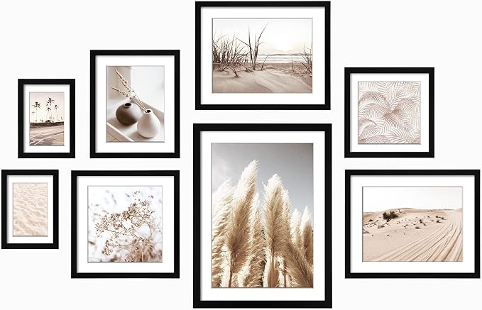 Gallery Wall Frame Set, 8 Pack Black Picture Frames, Large | Collage Pampas Grass Prints Wall Art Decor for Living Room, Entryway, Stairway, Bedroom, Assorted Size