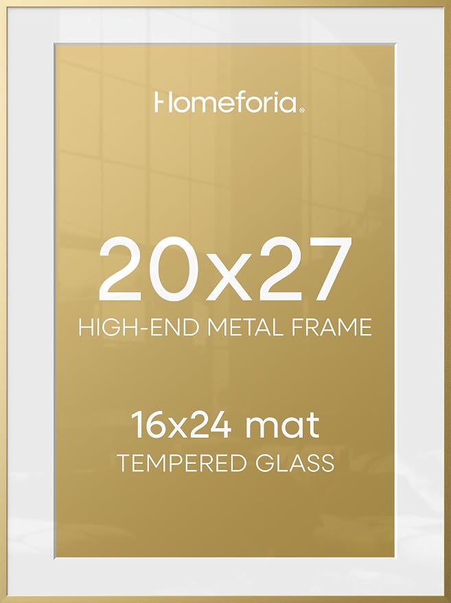 Homeforia 20x27 Gold Picture Frame, High-End Metal, 16x24 Mat, Glass