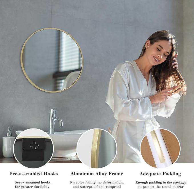 NEWBULIG 20IN Round Bathroom Wall Mirror | Vanity Mirrors for Over Sink, HD Glass Decorative for Entryway, Bedroom & Living Room, Anti-Rust, Tempered Glass, Gold