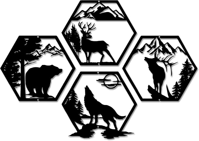 Xedatric Rustic Forest Metal Wall Art 4-Piece Bear Deer Wolf Moose | Black forest theme for cabin decor, rustic wildlife animal silhouette set, indoor wall hanging.