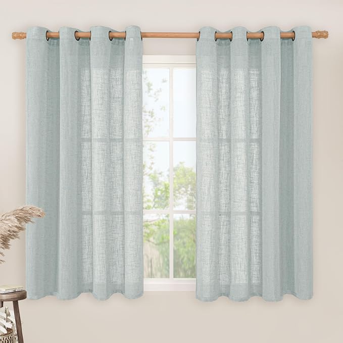 48 Inch Greyish Blue Semi Sheer Linen Curtains for Bedroom 2 Panels | Light Filtering Window Panels, Linen Textured, Farmhouse Boho, Drapes for Dining Room, Windows, Bronze Grommet, 52 x 48 Inch