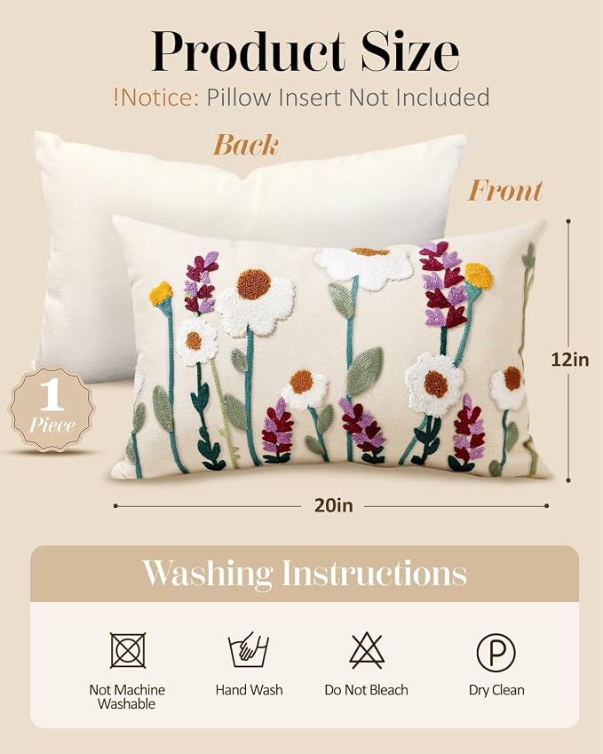 Embroidered Lumbar Pillow Cover - 20x12 Decorative Pillow Cover with Zipper Aesthetic Cute Design Boho Spring Summer Throw Pillowcase for Living Room Couch Sofa Bed, Wild Floral