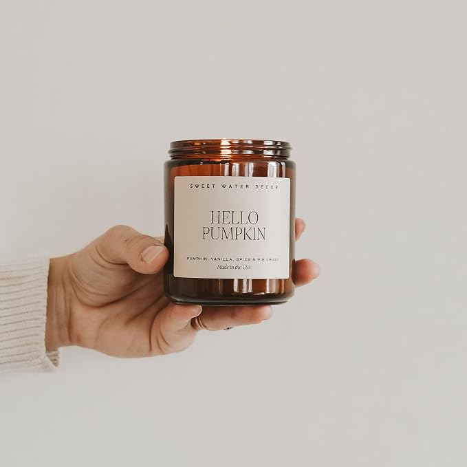 Sweet Water Decor Hello Pumpkin Candle, Fall Decorations, 9oz Amber Jar