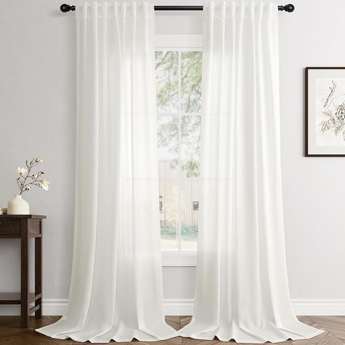 Jowels Ivory Linen Curtains 102 Inch Long 2 Panels for Living Room | White Light Filtering Semi Sheer Curtain,Back Tab Pocket Pleated Look,Farmhouse Textured Privacy Drapes for Bedroom Window