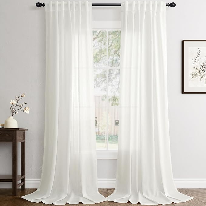 Jowels Ivory Linen Curtains 108 Inch Long 2 Panels for Living Room | White Light Filtering Semi Sheer Curtain,Back Tab Pocket Pleated Look,Farmhouse Textured Privacy Drapes for Bedroom Window