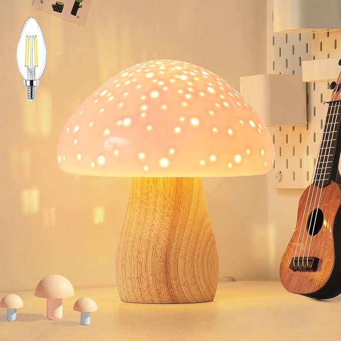 BOHON Mushroom Lamp Ceramic Bedside Table Lamp, Pink