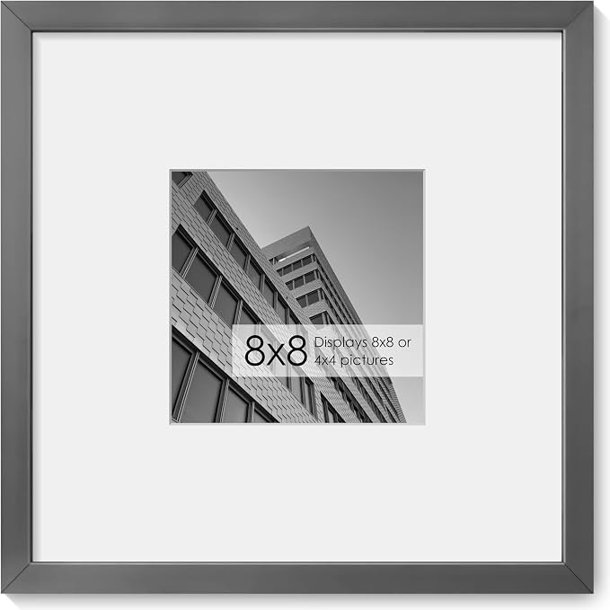 Fun Memories 8x8 Aluminum Picture Frame, Premium Square Photo Frames with Mat for 4x4 or Without Mat for 8 x 8, Simple and Elegant Decor for Wall Mounting, Grey, 1 Pack