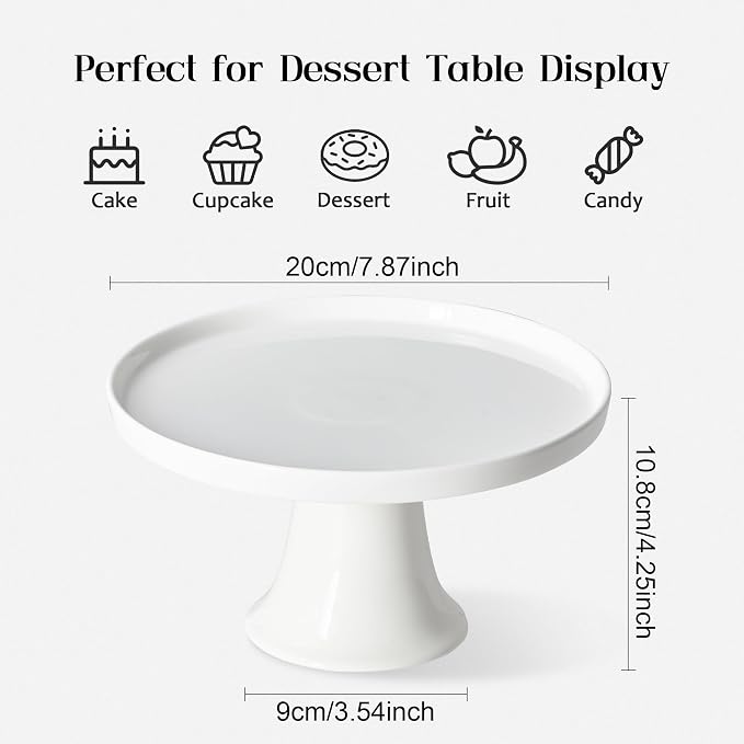 7.8 Inch Small Cake Stand, White Ceramic Cake Holder, Round Dessert Stand for Cupcake, Cookie, Pie, Fruit, Cake Plate for Party, Wedding, Birthday, Baby Shower, Decorative Display Pedestal Stand Tray