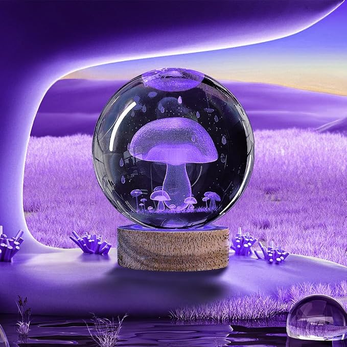 3D Mushroom Crystal Ball Night Light 3.15 inch Glass Ball Lamp with 16 Color Changing Wooden Base and Remote Cute Mushroom Room Table Decor Ideal Gifts for Kids Friends Birthday Christmas