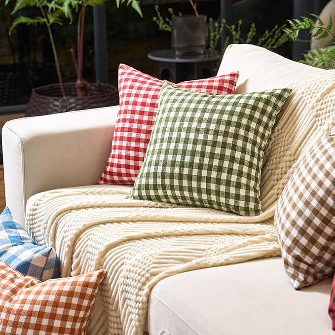 CARRIE HOME Buffalo Plaid Lumbar Pillow Covers 12x20 Set of 2, Light Grey and White Gingham Check Lumbar Pillows, Outdoor Farmhouse Checkered Pillow Covers for Patio Furniture (No Pillow Inserts)
