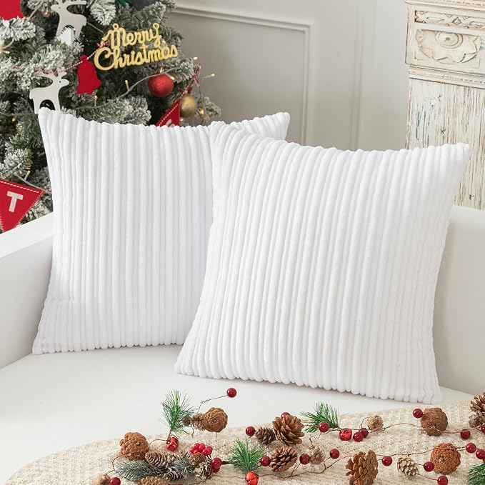 Kevin Textile Striped Corduroy 22”x22” Pillow Covers 2 Pack, Pure White