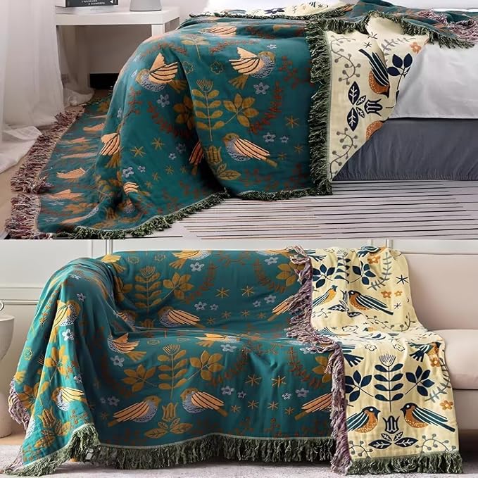 Boho Throw Blanket for Bed 100% Cotton Bohemian Blankets Ultra Soft Woven Muslin Decorative Blankets All Seasons Vintage Quilt Knitted Blanket for Sofa Chair(Blue, 60"x80")
