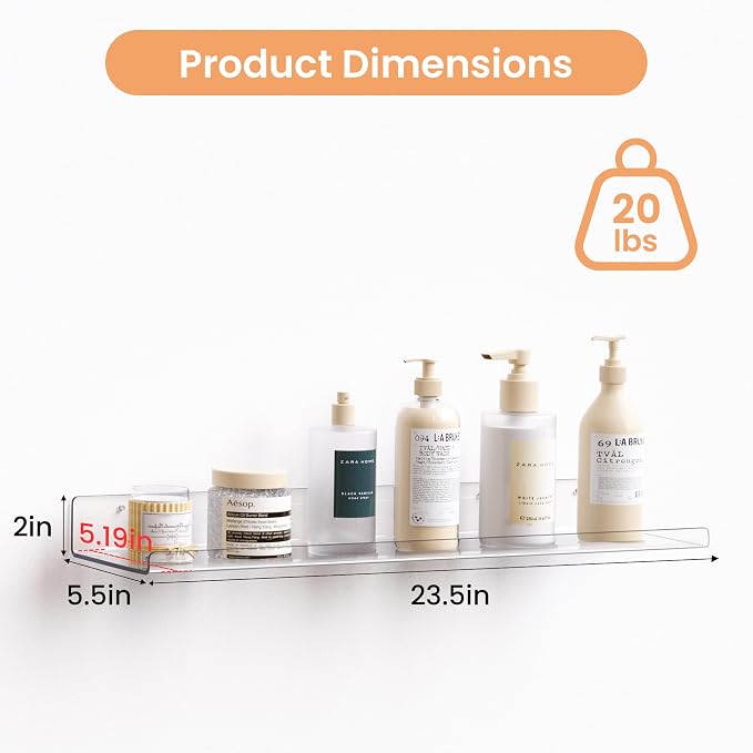upsimples 23.6" Acrylic Shelves for Wall Storage and Organizer, 2 Pcs