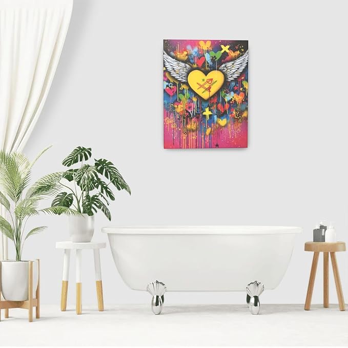 Crekviy Banksy Wall Art Street Graffti Wall Decor Heart Wings Canvas Prints Painting Romantic Artwork Decorations for Bathroom Bedroom Living Room Office Framed Gifts 16"x20"