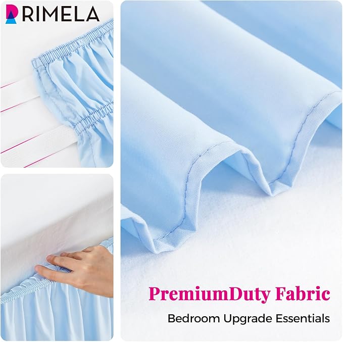 Light Blue Bed Skirt King Size 18" Drop, Elastic Wrap Around Bedskirt | Solid Ruffled, Easy to Use, No Mattress Lifting, Wrinkle & Fade Resistant, with Adhesive Strips, Machine Wash/Dry/Iron