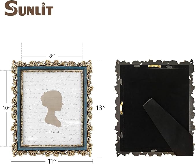 Sunlit Vintage Picture Frame 8x10 Inch, Luxury Antique Photo Frames with Glass Front, Photo Display, Tabletop Wall Hanging, Gift Ideas, Gold and Blue