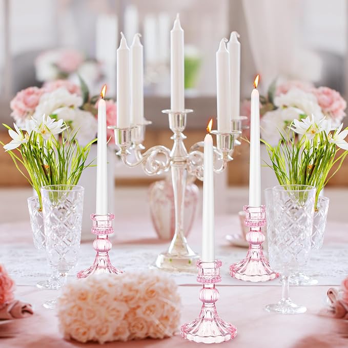 24 Pcs Glass Candle Holder Set 12 Candlestick White Candles,Pink | Clear Glass Holders with Taper Candles for Wedding Party Dinner Table Centerpiece, Elegant Classic Design Event Decor