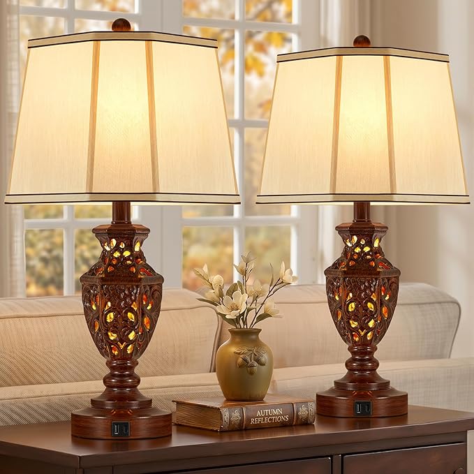 EJIAXIN Lamps for Night Stands Set of 2-23.5" Vintage Bedside Lamp with USB A+C and Nightlight - Brown Retro Carved Resin Farmhouse Desk Lamp for Bedrooms, End Tables, Living Room, Bulbs Included