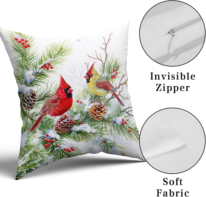 Giwawa Winter Birds Pillow Covers Set of 2 20x20 Inch Christmas Trees Holly Berry Pine Cones Xmas Snow Scene Square Cushion Cases Double Sided for Sofa Patio Porch Holiday Bed Decor