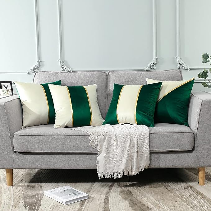 OTOSTAR Set of 4 Soft Velvet Throw Pillow Covers 18x18 Inch Modern Decorative Pillow Covers Gold Leather Striped Square Luxury Pillowcase Cushion Case for Couch Living Room Bed Sofa Home Decor (Green)
